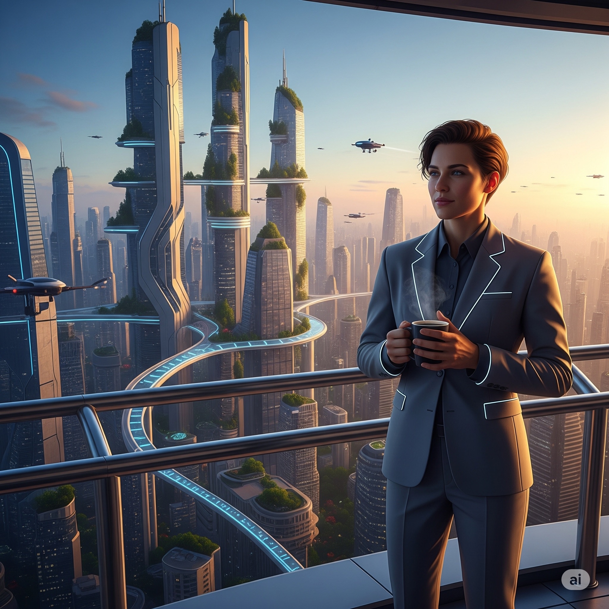 A person stands on a high-tech balcony overlooking a vibrant, utopian cityscape.