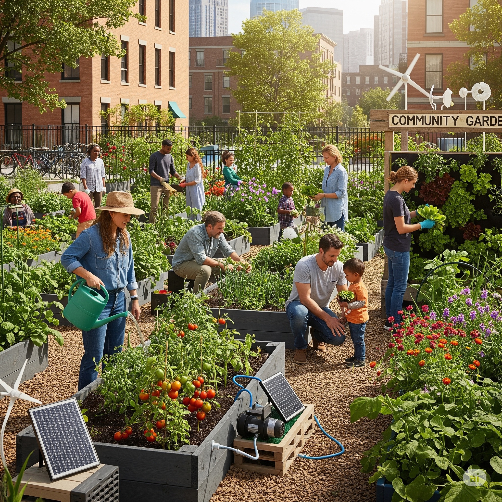 A bustling community garden with people tending to plants, showing the tangible results of the utopia.