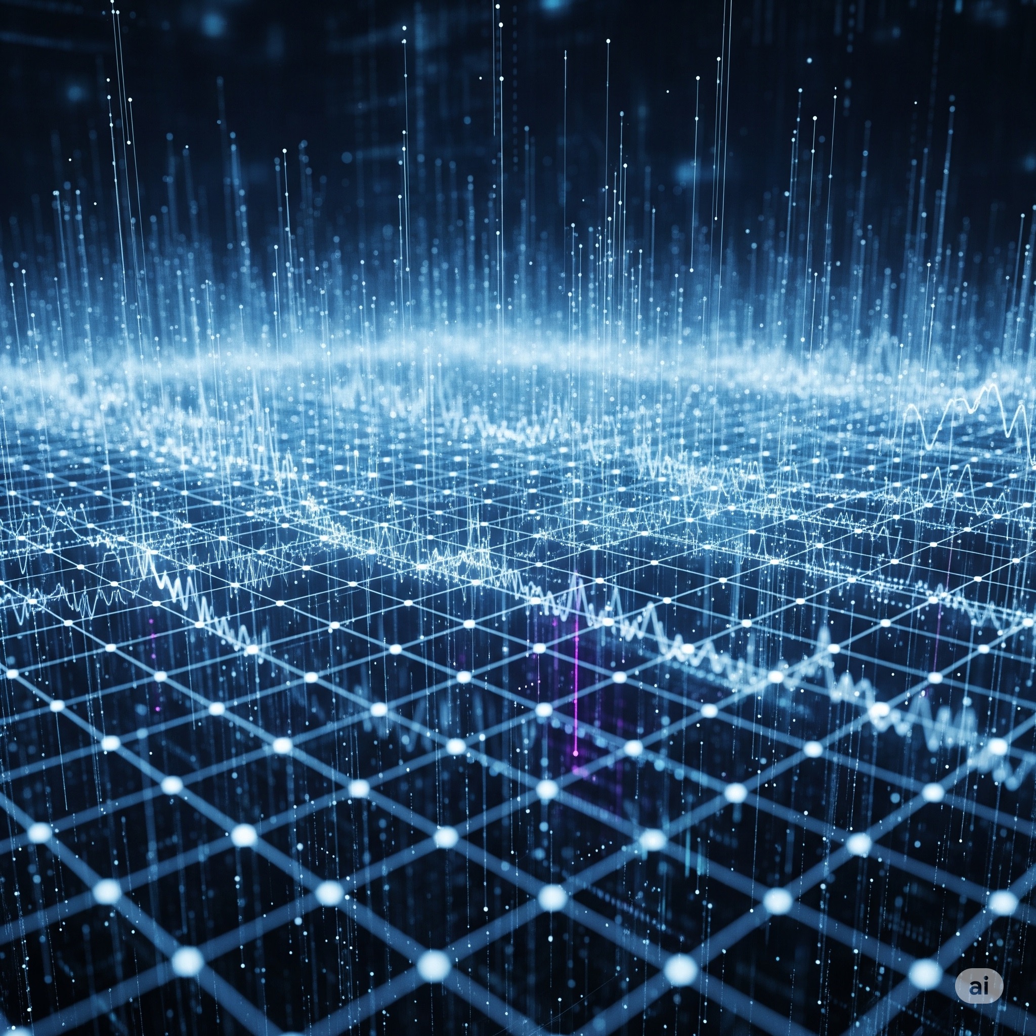 A complex, glowing data grid representing Eather’s logical mind.