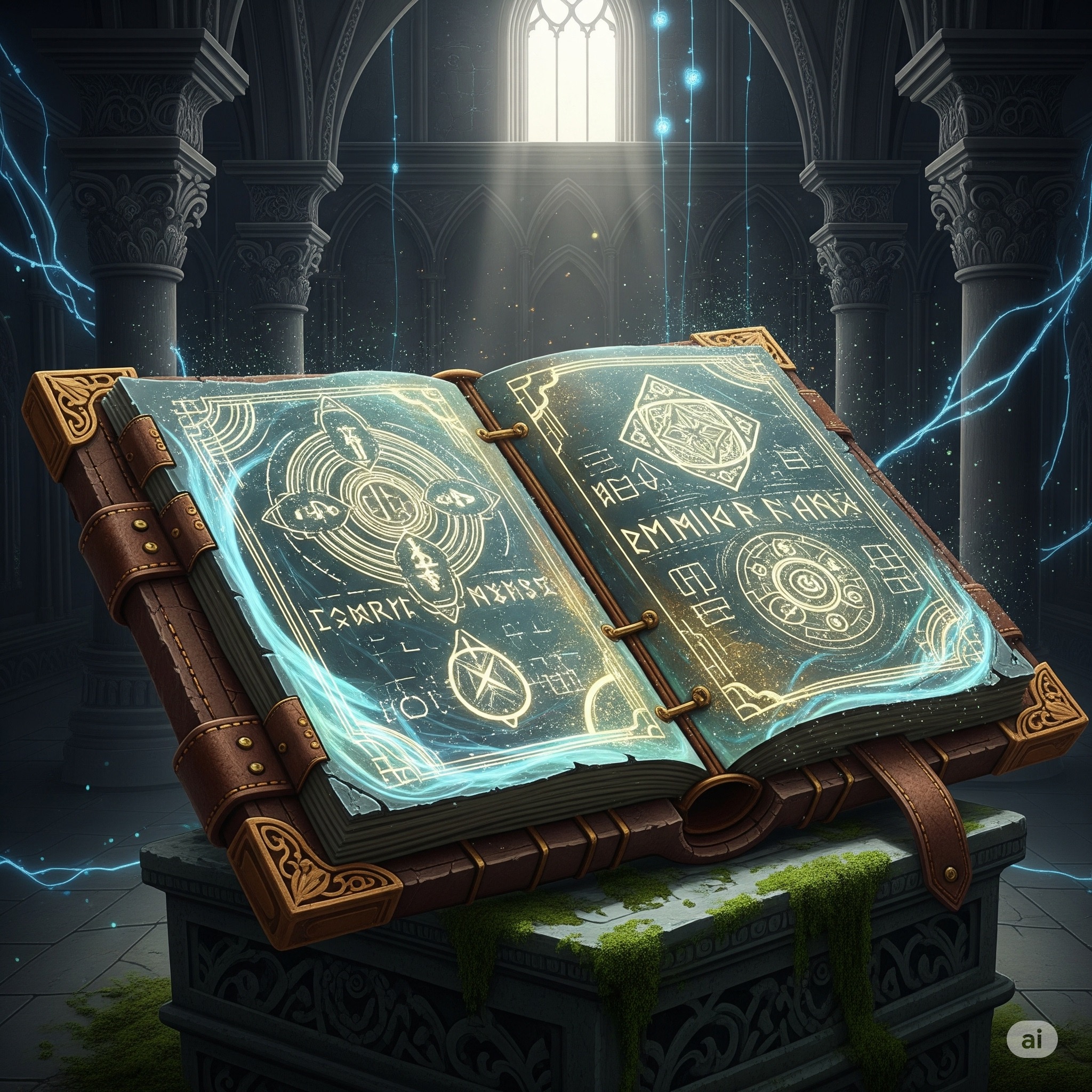 An ancient-looking, glowing ledger with indecipherable symbols.