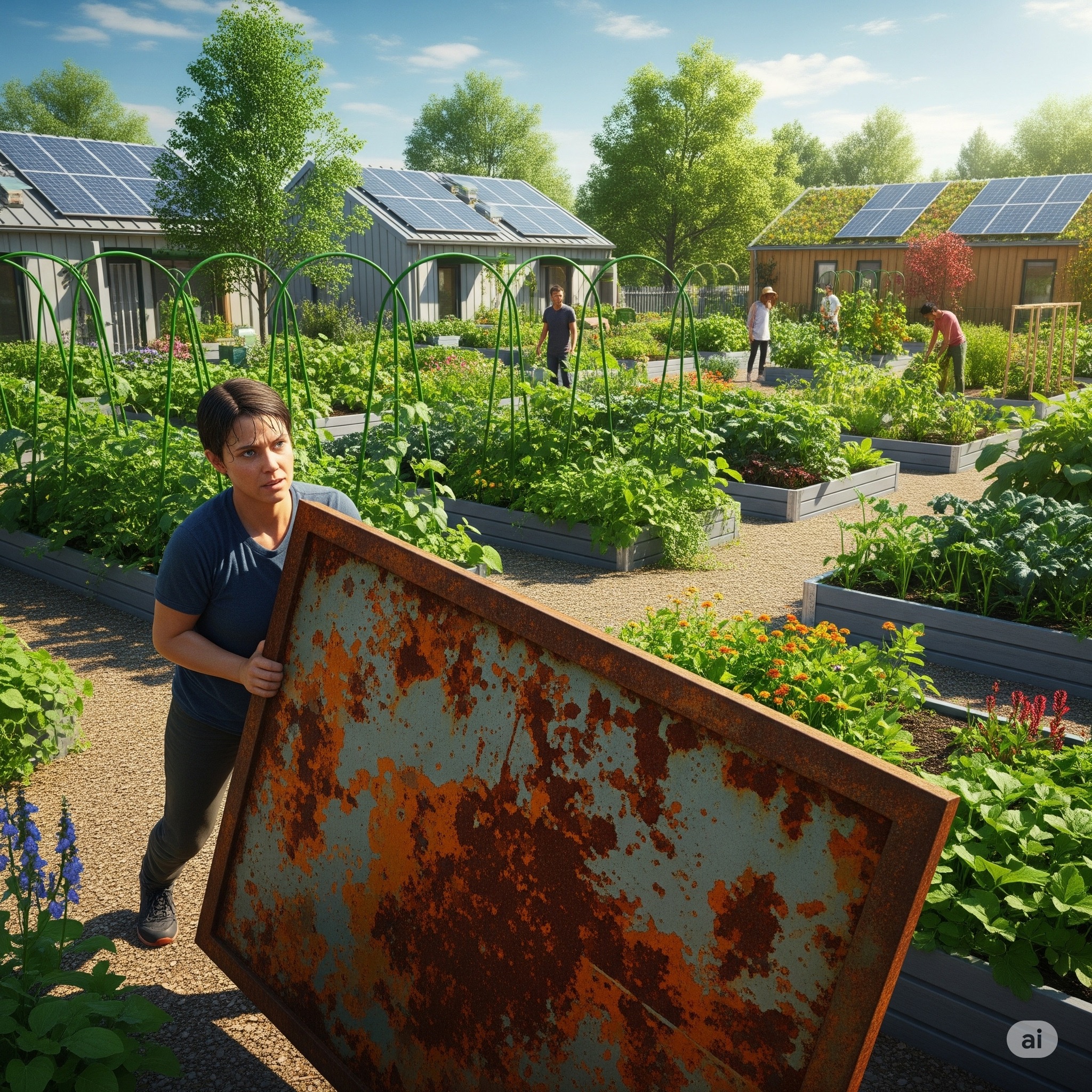 A shot of the vibrant community garden with a person struggling to move a rusty panel.