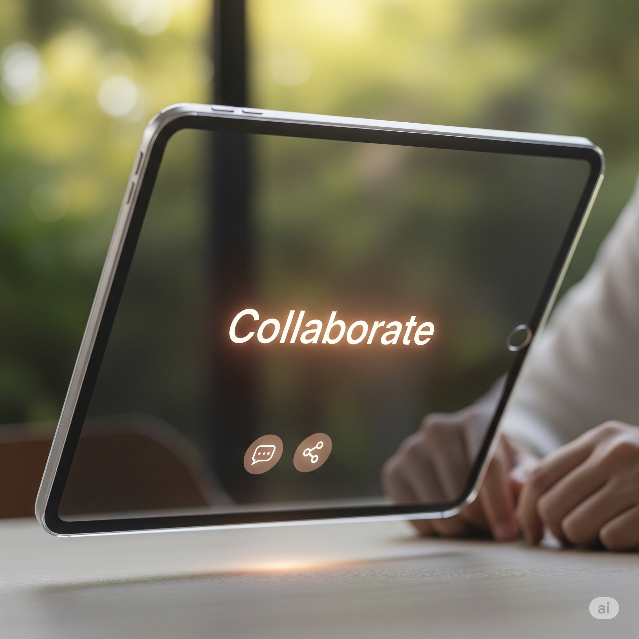 A digital tablet screen displaying a prompt from the Synergy AI to 'Collaborate.'