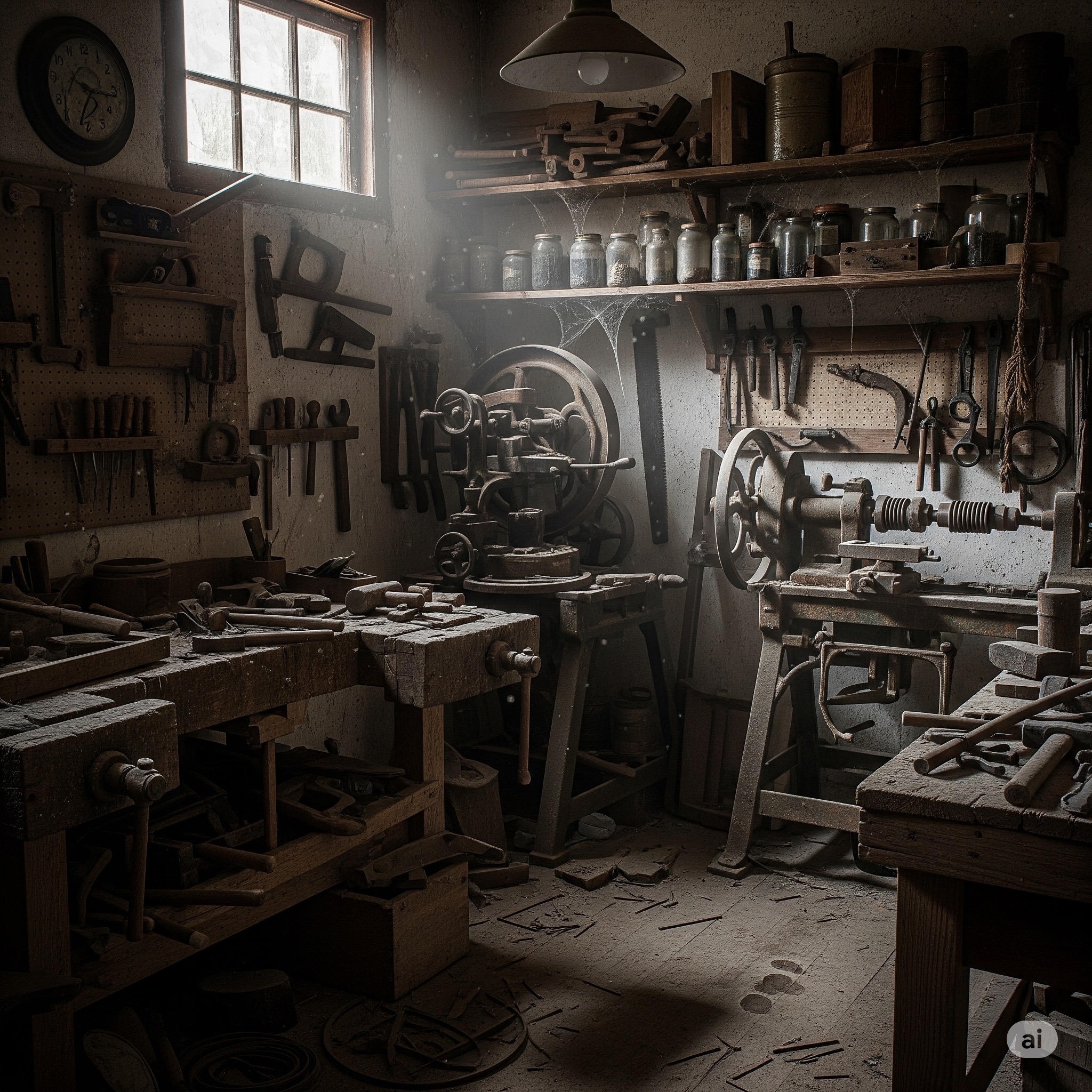 A dusty, forgotten workshop filled with antiquated tools.