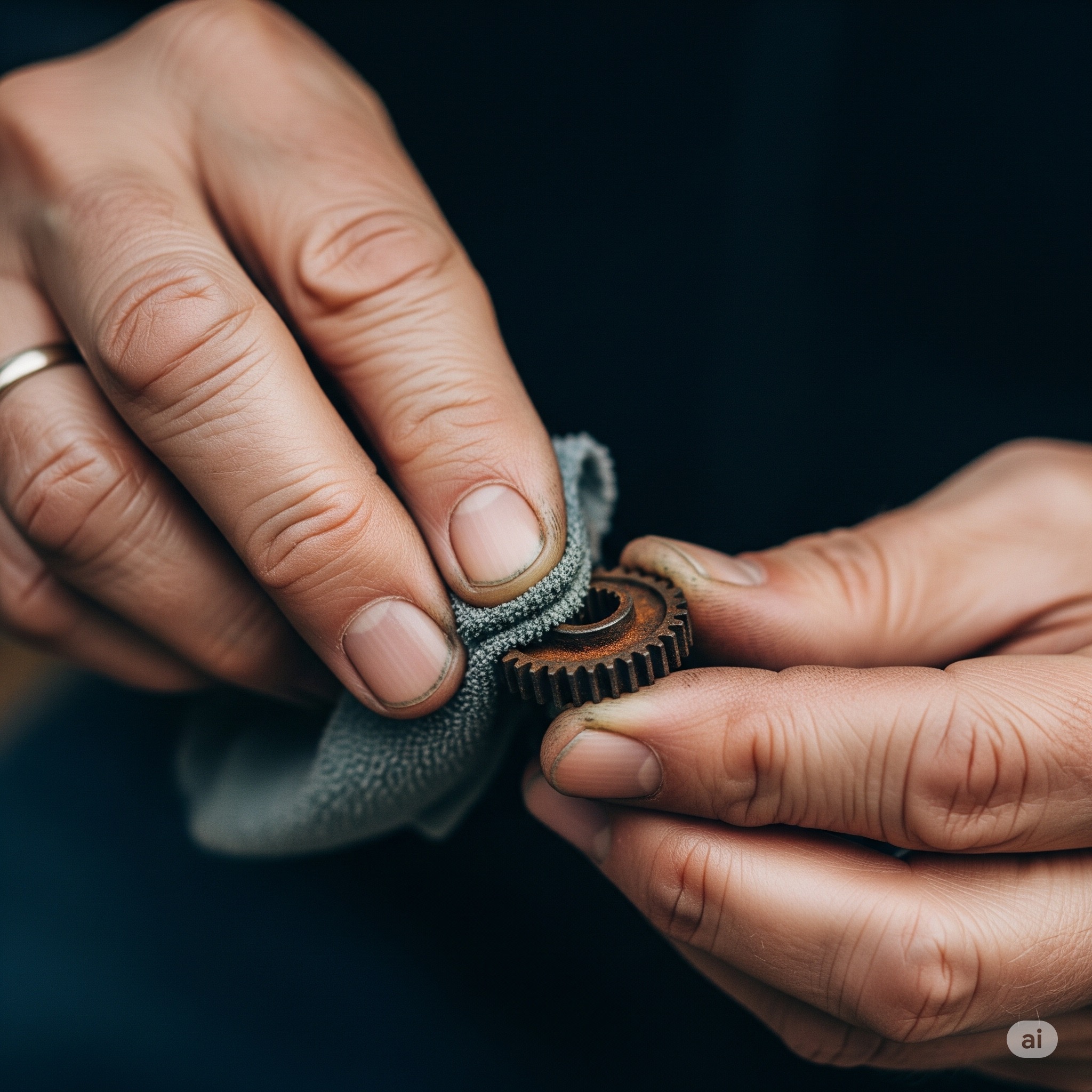 A close-up shot of a person's hands polishing a small, rusted gear.