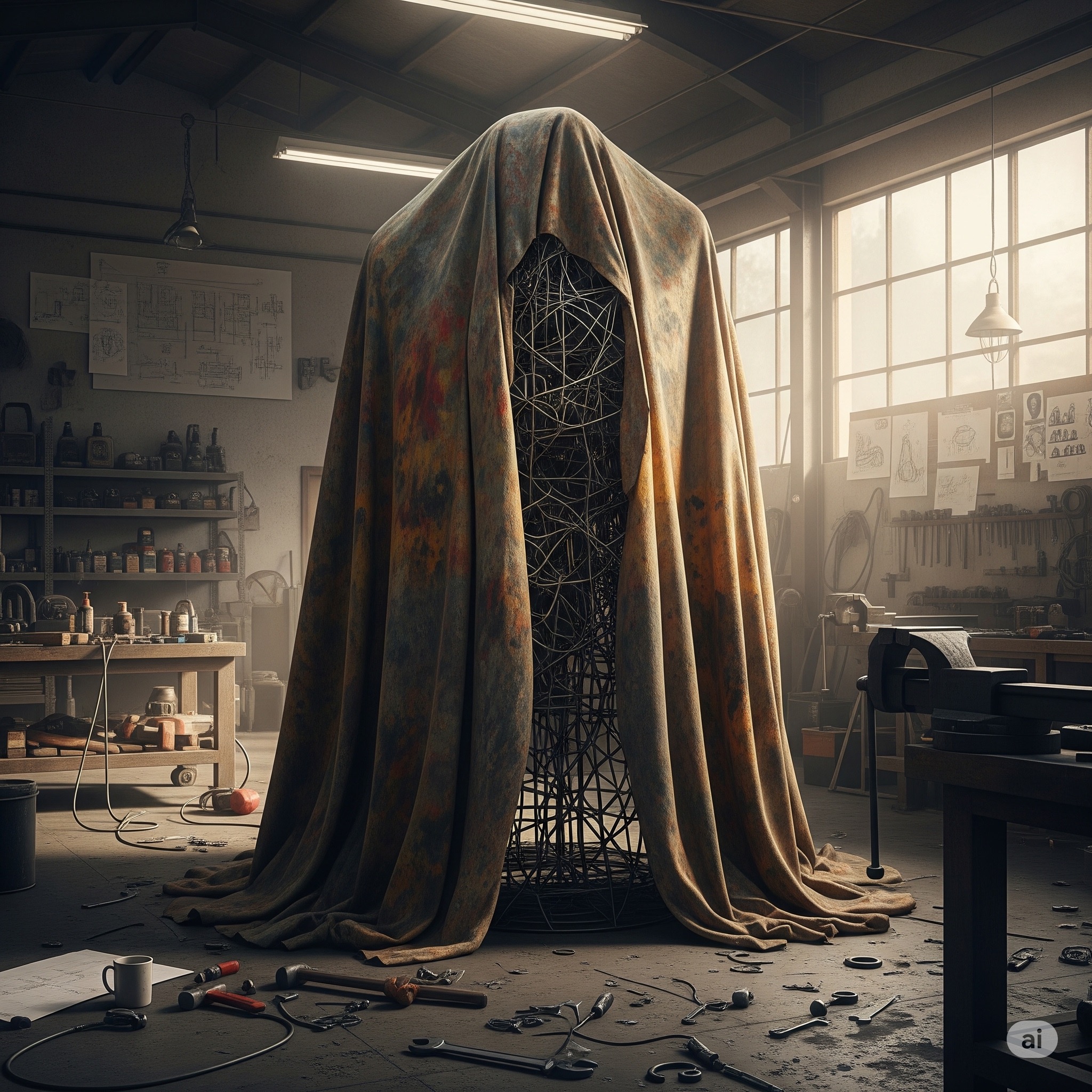 A large, metal sculpture draped in a canvas, its form a mystery.