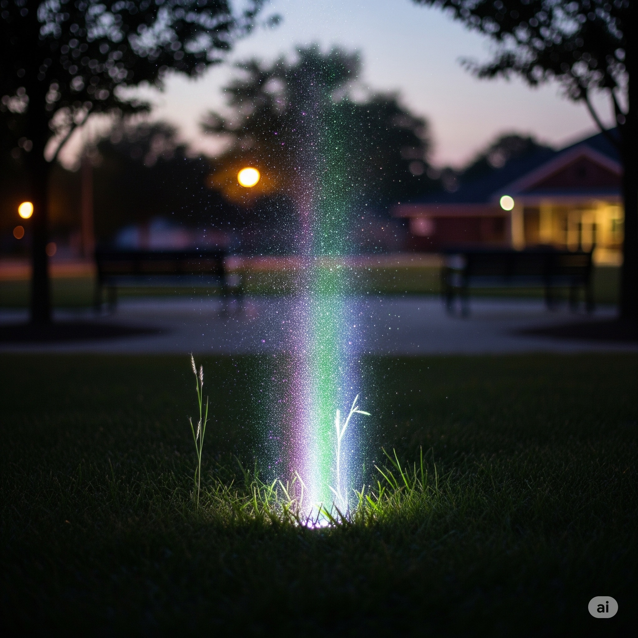 A soft, ethereal light rising from the common grounds, representing the unreleased song being heard.