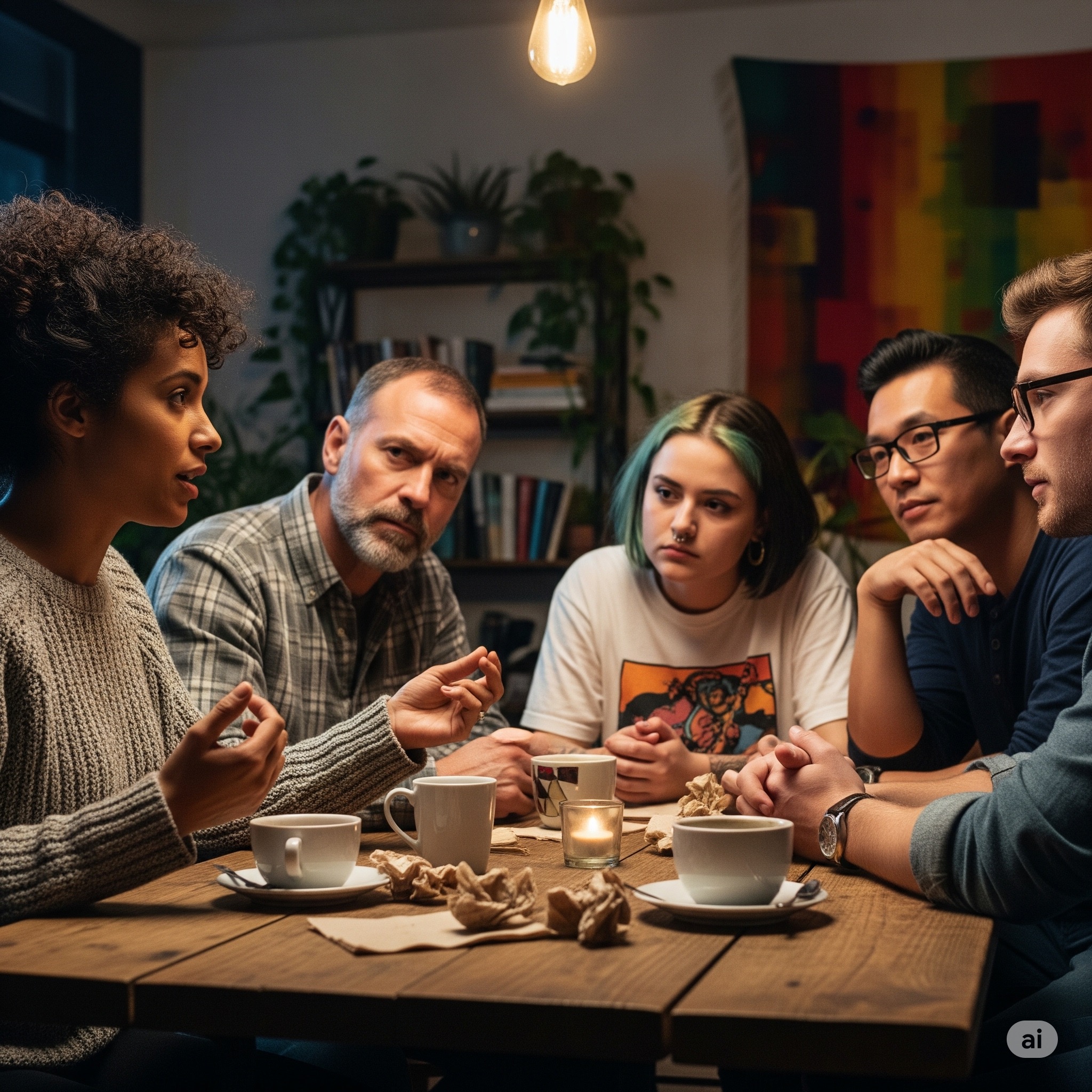 A group of people talking and gesturing, beginning the process of understanding.