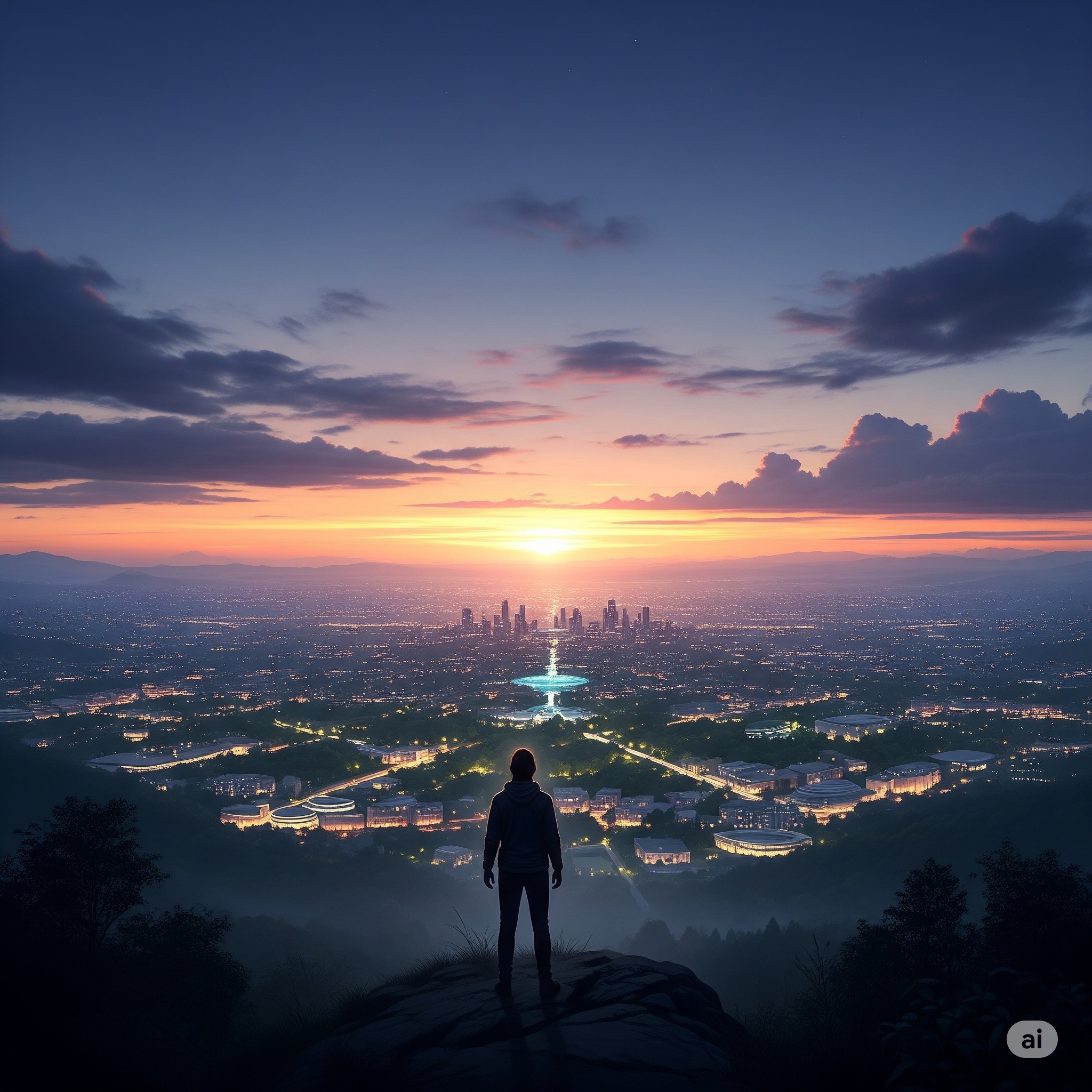 A person stands on a quiet hill overlooking a city at twilight.
