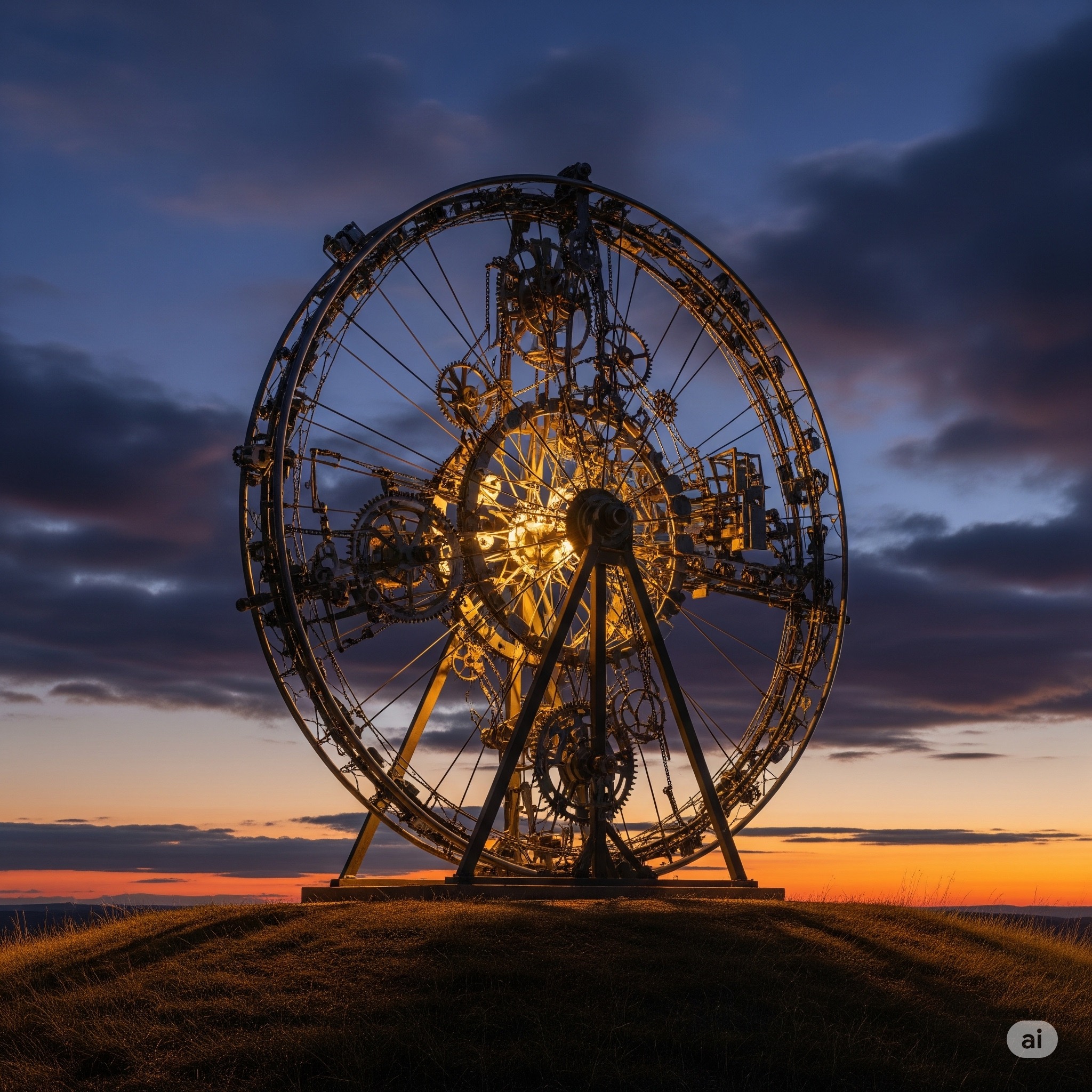 The intricate metal sculpture of the Wagon Wheel now stands undraped, illuminated by twilight.