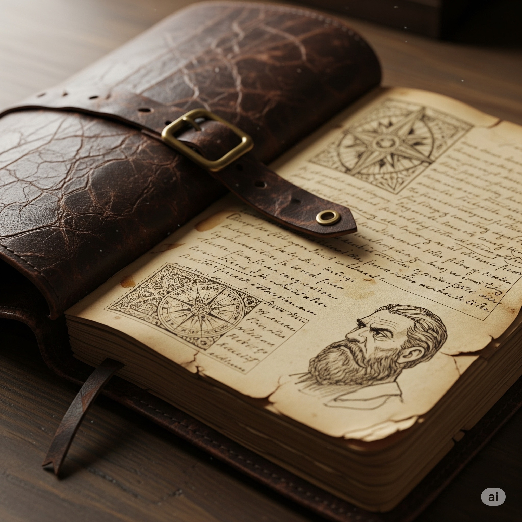 A close-up on a weathered leather journal, open to a page with faded script.