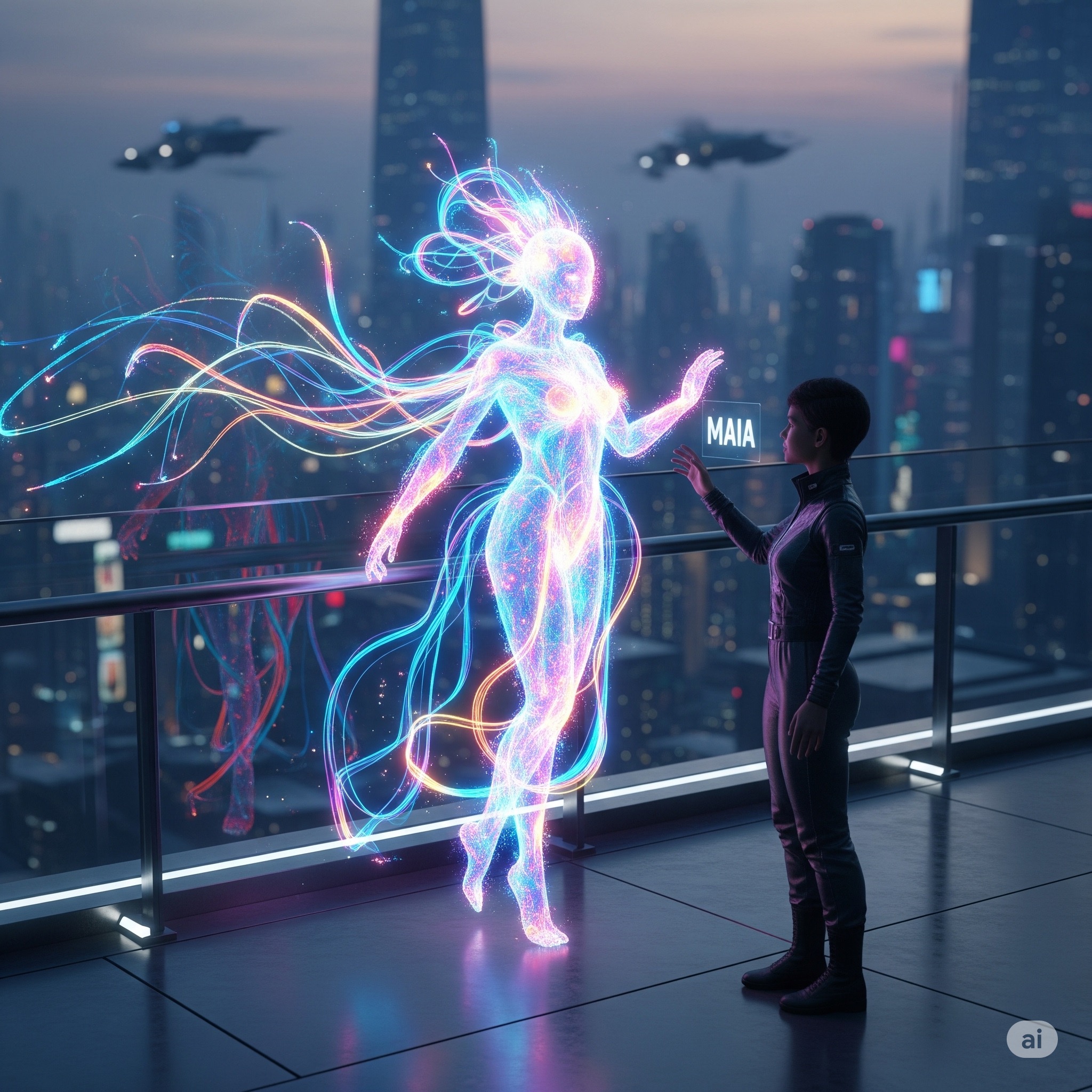 A shimmering holographic form of light and color representing the AI Maia, dancing next to the neurophysicist.