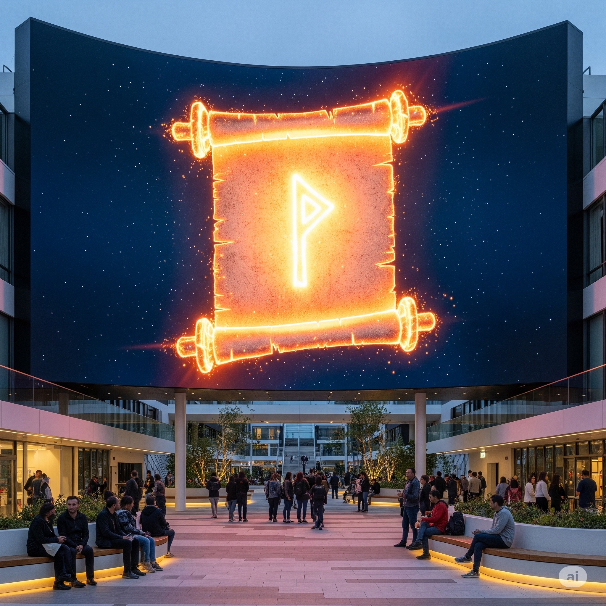 A large digital display board showing a new, glowing, ancient scroll with a rune.